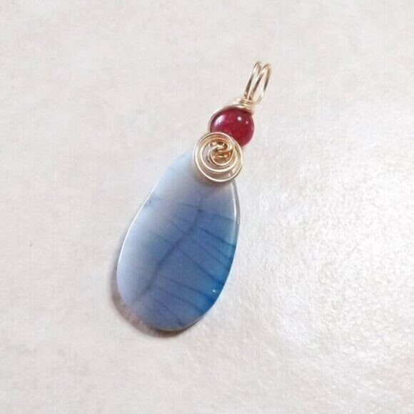 Sky Blue & Berry Red Agate Pendant - Wire Wrapped! Upbeat & Positive Vibes! - Picture 6 of 9